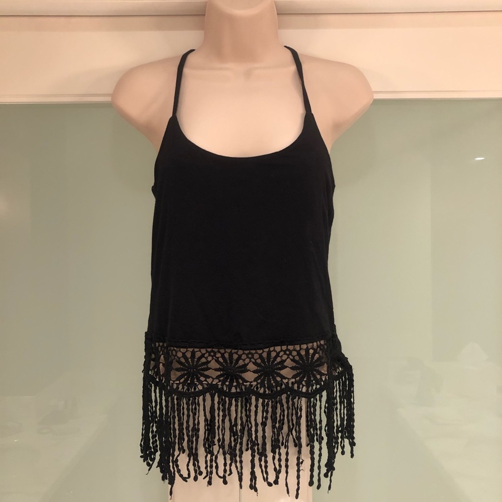 Poof black halter top with fringe